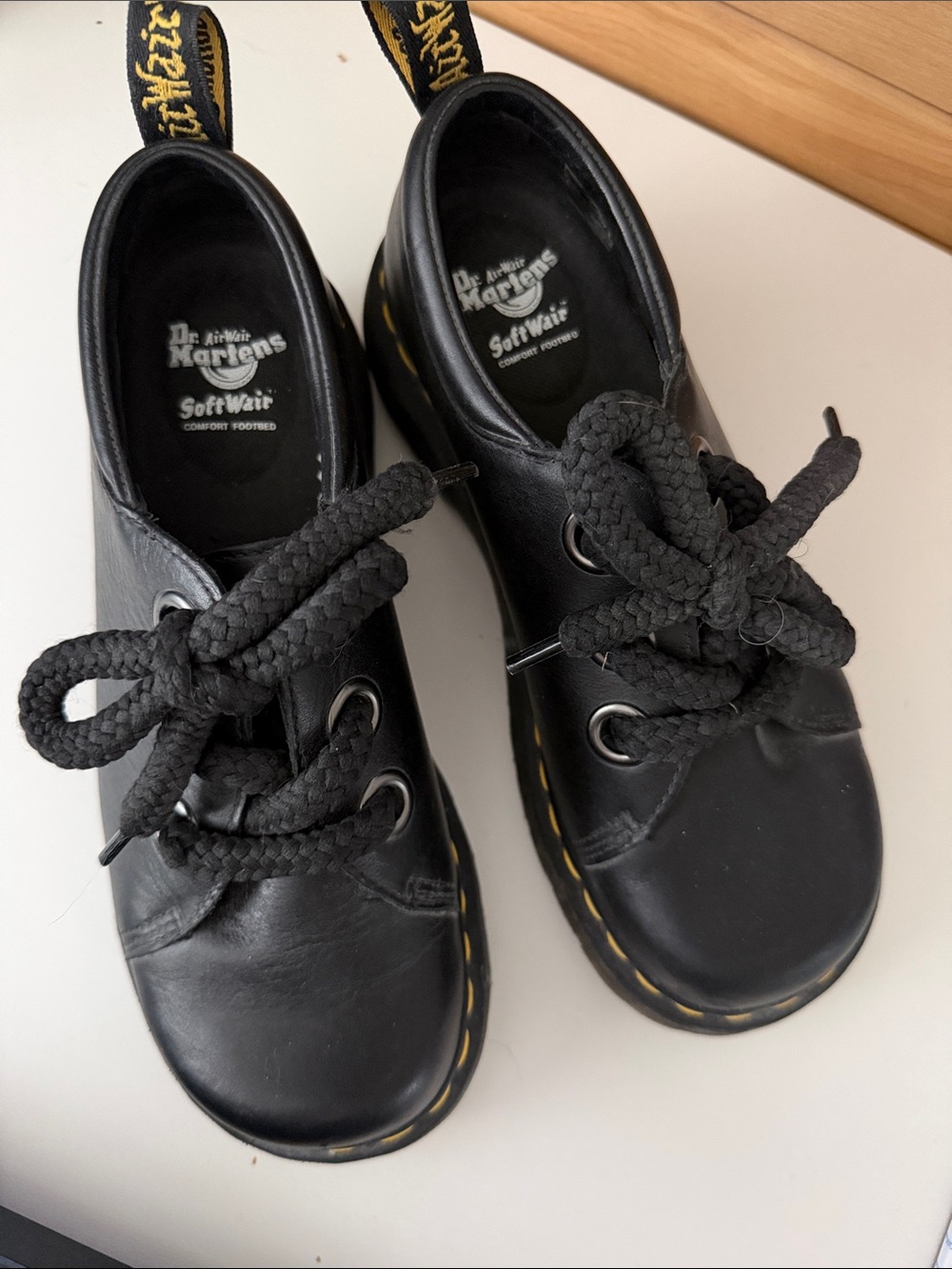 Dr. Martens Black Leather Lace-Up Blunt Toe with Yellow Stitching